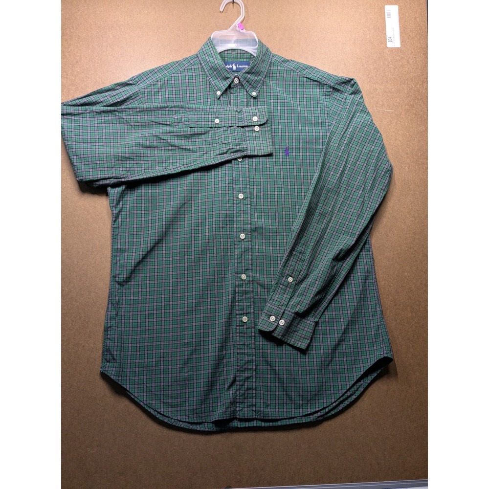Ralph Lauren Classic Fit Plaid Button Down Shirt Mens 15.5 M Green Purple Pony